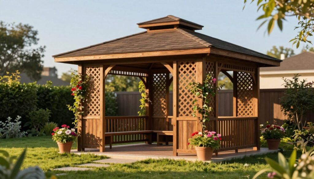 A beautifully crafted wooden gazebo in a backyard setting, showcasing a peaked roof with elegant overhangs. The gazebo features privacy screens made of intricate lattice designs, adorned with climbing vines and colorful flowers. In the foreground, a well-manicured lawn with vibrant green grass leads up to the gazebo, while potted plants add a touch of color. In the middle ground, the gazebo sits invitingly, with its open layout promoting relaxation. The background includes soft, blurred images of trees and a clear blue sky, creating a serene atmosphere. The scene is bathed in warm, golden sunlight, suggesting late afternoon, enhancing the inviting feeling of the outdoor space. The image captures the essence of a cozy retreat, highlighting the gazebo's unique qualities compared to other outdoor structures.