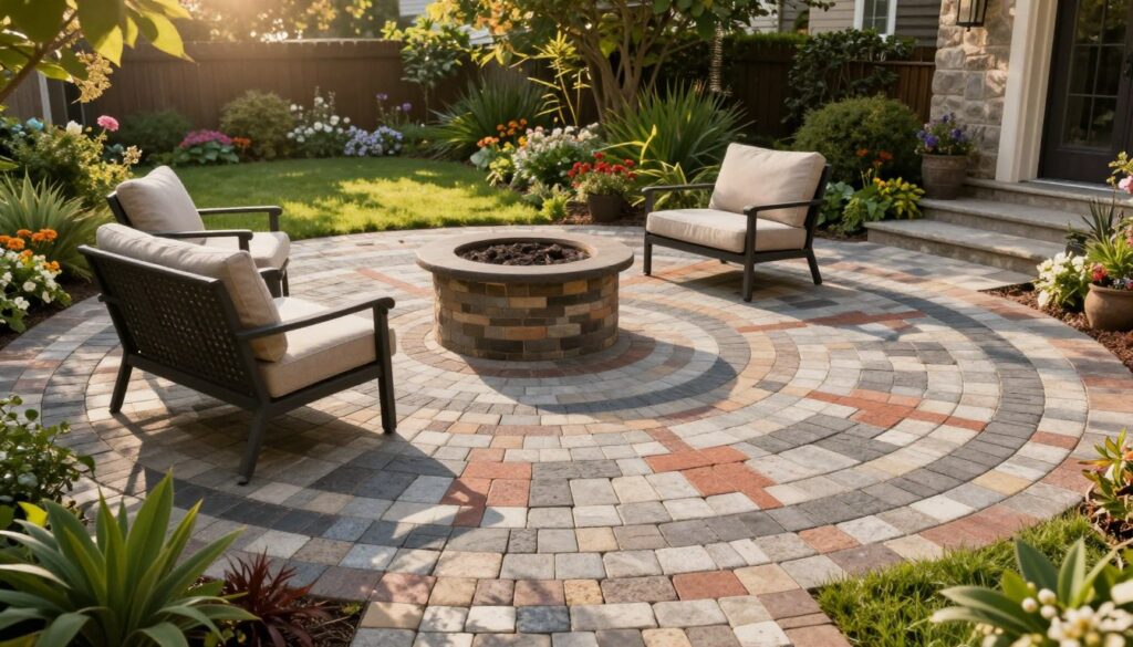 A beautifully designed paver patio in a charming outdoor space, showcasing various sizes and colors of interlocking pavers arranged in a captivating geometric pattern. In the foreground, a cozy seating area with elegant outdoor furniture surrounded by lush greenery adds warmth and invites relaxation. The middle ground features a fire pit surrounded by additional pavers, creating a welcoming focal point. The background highlights a well-maintained garden with colorful flowers and shrubs, enhancing the curb appeal of the property. Soft, golden sunlight filters through trees, casting gentle shadows and creating an inviting atmosphere. The scene is captured from a slightly elevated angle to provide a comprehensive view, emphasizing the interplay of textures and colors in a serene, harmonious environment.