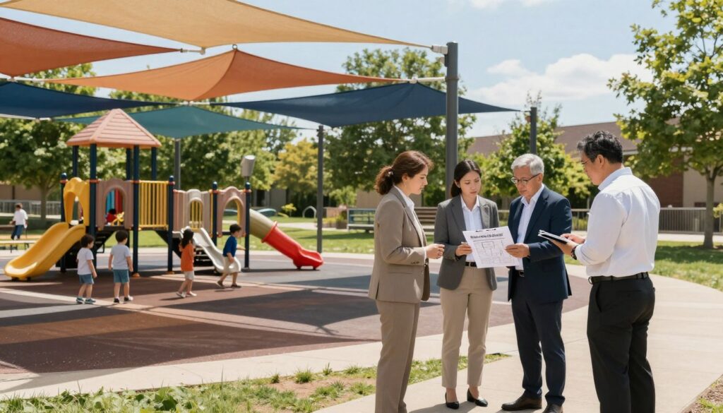 A clear, informative scene depicting a picturesque playground in Medford with a focus on shade structures. In the foreground, a well-designed shade structure made of colorful fabric, casting pleasant shadows over a play area with children playing, is visible. In the middle ground, a small group of adults dressed in professional attire consults a checklist of shade permit requirements, closely examining the playground layout. The background showcases lush trees and a blue sky, with soft, natural daylight illuminating the scene. Capture a sense of community planning and compliance, emphasizing the importance of local regulations in creating safe, sunny outdoor spaces. The atmosphere is friendly and cooperative, reflecting collaboration in enhancing playground safety. A clear, informative scene depicting a picturesque playground in Medford with a focus on shade structures. In the foreground, a well-designed shade structure made of colorful fabric, casting pleasant shadows over a play area with children playing, is visible. In the middle ground, a small group of adults dressed in professional attire consults a checklist of shade permit requirements, closely examining the playground layout. The background showcases lush trees and a blue sky, with soft, natural daylight illuminating the scene. Capture a sense of community planning and compliance, emphasizing the importance of local regulations in creating safe, sunny outdoor spaces. The atmosphere is friendly and cooperative, reflecting collaboration in enhancing playground safety.