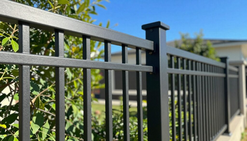 A close-up view of a contemporary powder-coated steel fence designed for extreme weather, showcasing its robust construction and superior finish. In the foreground, focus on the textured surface of the steel, glistening under bright sunlight, highlighting its durability. The middle ground features a section of the fence installed in a residential setting, surrounded by lush greenery and a vivid blue sky in the background. The fence should appear sleek and modern, with attention to detail in its design, like sharp lines and sturdy support beams. The lighting is bright and natural, casting soft shadows to enhance the three-dimensionality of the fence. The overall mood conveys strength, resilience, and elegance. A close-up view of a contemporary powder-coated steel fencing ideas or designed for extreme weather, showcasing its robust construction and superior finish. In the foreground, focus on the textured surface of the steel, glistening under bright sunlight, highlighting its durability. The middle ground features a section of the fence installed in a residential setting, surrounded by lush greenery and a vivid blue sky in the background. The fence should appear sleek and modern, with attention to detail in its design, like sharp lines and sturdy support beams. The lighting is bright and natural, casting soft shadows to enhance the three-dimensionality of the fence. The overall mood conveys strength, resilience, and elegance.
