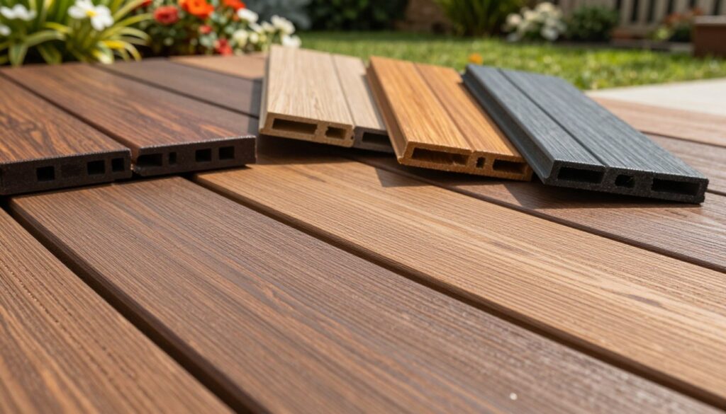 A close-up view of durable composite deck board materials, showcasing various textures and colors featuring rich earthy tones and weather-resistant finishes. In the foreground, highlight the surface of the deck boards with a slight sheen under natural sunlight, emphasizing their robustness and quality. The middle ground includes different samples of deck boards arranged aesthetically, displaying a variety of color options like deep mahogany, sun-kissed amber, and charcoal gray, contributing to a sense of luxury. In the background, a lush garden setting with greenery and blooming flowers evokes a warm, inviting atmosphere. The lighting is bright and natural, creating a vibrant, detailed image that reflects the high-performance features of composite decking materials. The image should convey a sense of durability and sophistication suitable for outdoor living. A close-up view of durable composite deck board materials, showcasing various textures and colors featuring rich earthy tones and weather-resistant finishes. In the foreground, highlight the surface of the deck boards with a slight sheen under natural sunlight, emphasizing their robustness and quality. The middle ground includes different samples of deck boards arranged aesthetically, displaying a variety of color options like deep mahogany, sun-kissed amber, and charcoal gray, contributing to a sense of luxury. In the background, a lush garden setting with greenery and blooming flowers evokes a warm, inviting atmosphere. The lighting is bright and natural, creating a vibrant, detailed image that reflects the high-performance features of composite decking materials. The image should convey a sense of durability and sophistication suitable for outdoor living.
