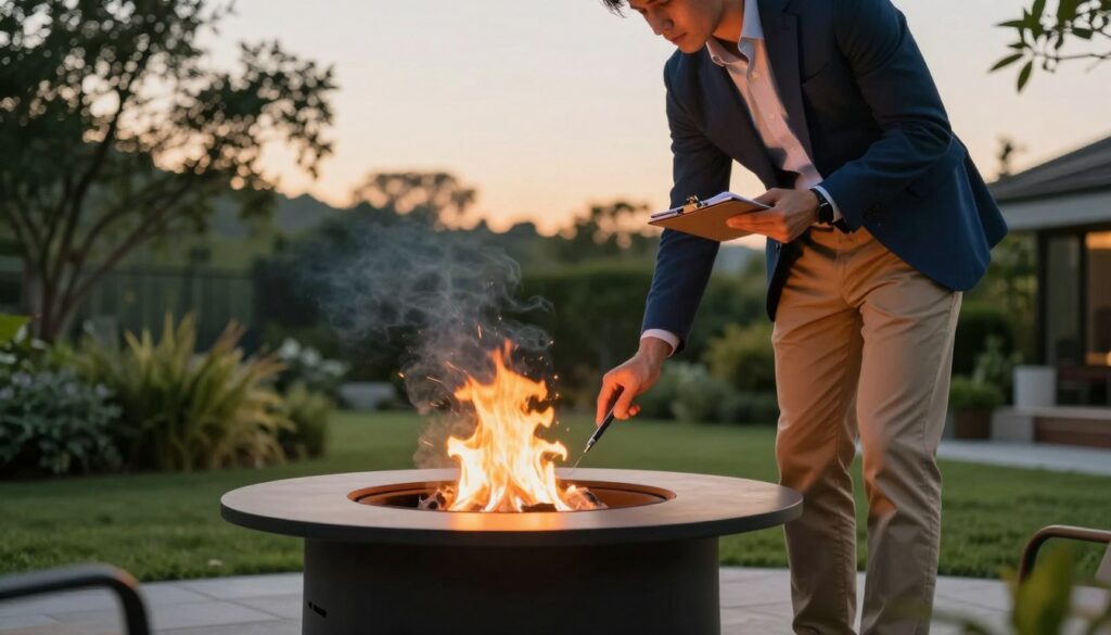 A contemporary outdoor setting featuring a modern smokeless fire pit in action, surrounded by lush greenery. In the foreground, a well-dressed individual in a navy blue blazer and khaki pants closely examines the fire pit, holding a notepad and pen. The middle layer shows the smokeless fire pit emitting a warm glow, with minimal smoke visible, creating a cozy ambiance. The background consists of soft-focus trees and a clear evening sky, suggesting twilight. Soft golden hour lighting creates a serene mood. The angle is slightly elevated, capturing both the fire pit and the tester’s focused expression, emphasizing the innovative design and functionality of the smokeless fire pit.