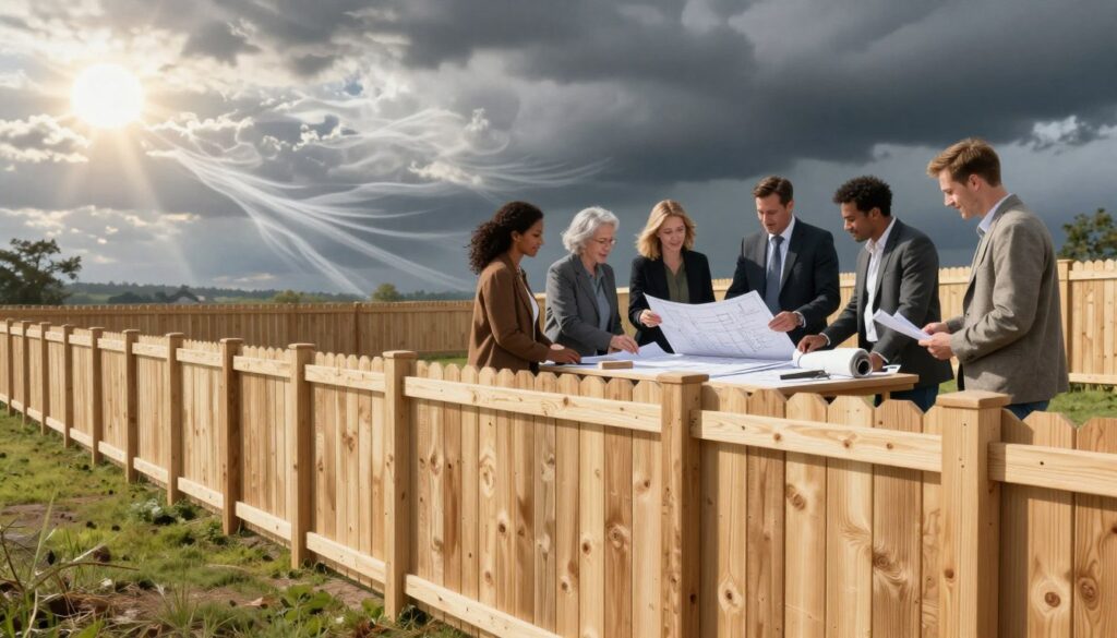 A detailed architectural illustration depicting the cost estimate of a long-lasting fence designed for extreme weather conditions. In the foreground, show a sturdy, tall wooden fence with weather-resistant features, like a protective coat or reinforced panels. In the middle ground, include a diverse group of professionals wearing smart casual attire, examining blueprints and discussing materials around a large table, showcasing a friendly yet focused atmosphere. In the background, portray a vivid landscape with varying extreme weather elements such as bright sunshine, strong winds, and dark clouds, symbolizing the fence's resilience. The lighting should be bright and dynamic, highlighting the textures of the fence and the expressions of the professionals involved, captured from a slightly angled perspective for depth. A detailed architectural illustration depicting the cost estimate of a long-lasting fence designed for extreme weather conditions. In the foreground, show a sturdy, tall wooden fence with weather-resistant features, like a protective coat or reinforced panels. In the middle ground, include a diverse group of professionals wearing smart casual attire, examining blueprints and discussing materials around a large table, showcasing a friendly yet focused atmosphere. In the background, portray a vivid landscape with varying extreme weather elements such as bright sunshine, strong winds, and dark clouds, symbolizing the fence's resilience. The lighting should be bright and dynamic, highlighting the textures of the fence and the expressions of the professionals involved, captured from a slightly angled perspective for depth.