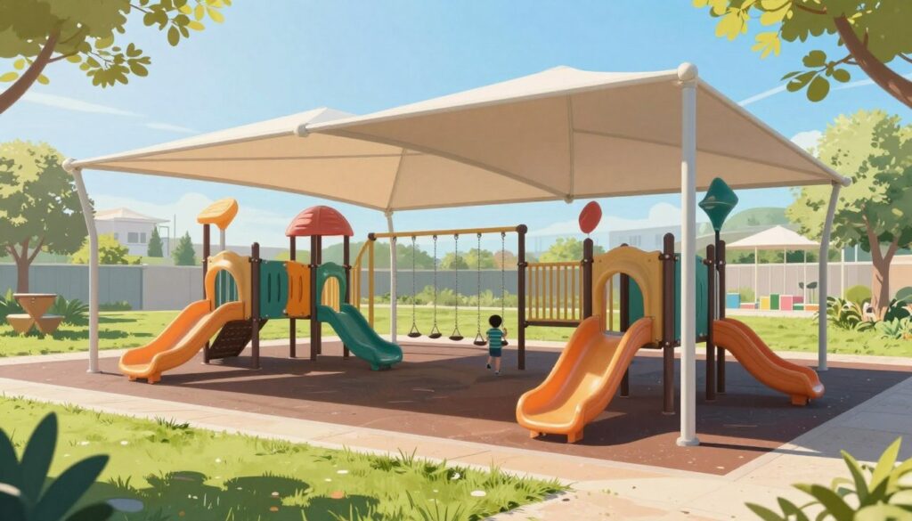 A detailed illustration of a playground with a large, well-designed shade structure. The foreground features the shade structure, showcasing its various dimensions and materials, with children playing beneath it. In the middle ground, several playground elements like swings and slides are visible, surrounded by grassy areas. In the background, a clear blue sky with bright sunlight filters through the shade, casting playful shadows on the ground. The scene emphasizes the importance of shade coverage for safety and comfort. Soft, natural lighting highlights the textures of the playground equipment and the shade structure. The atmosphere is vibrant and inviting, reflecting a safe and enjoyable outdoor play environment. Lens angle captures an elevated view to demonstrate the relationship between the playground elements and the shade structure. A detailed illustration of a playground with a large, well-designed shade structure. The foreground features the shade structure, showcasing its various dimensions and materials, with children playing beneath it. In the middle ground, several playground elements like swings and slides are visible, surrounded by grassy areas. In the background, a clear blue sky with bright sunlight filters through the shade, casting playful shadows on the ground. The scene emphasizes the importance of shade coverage for safety and comfort. Soft, natural lighting highlights the textures of the playground equipment and the shade structure. The atmosphere is vibrant and inviting, reflecting a safe and enjoyable outdoor play environment. Lens angle captures an elevated view to demonstrate the relationship between the playground elements and the shade structure.