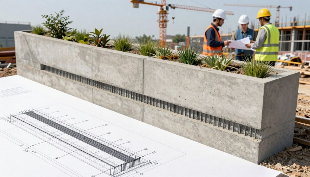 A detailed illustration of a structural engineer's drawing of a concrete retaining wall design, showcasing various layers of the wall in a cross-sectional view. In the foreground, include a detailed technical drawing with annotations and measurements, depicting reinforcement bars and drainage elements. The middle ground features a 3D model of the retaining wall rendered with realistic concrete textures and landscaping elements like grass and plants surrounding the wall. In the background, a construction site is visible, with cranes and construction workers in professional attire discussing plans. Natural lighting emphasizes the complexity of the design, creating a serious and professional atmosphere. Use a wide-angle perspective to capture the depth of the scene, showcasing the importance of involving a structural engineer in retaining wall construction. A detailed illustration of a structural engineer's drawing of a concrete retaining wall design, showcasing various layers of the wall in a cross-sectional view. In the foreground, include a detailed technical drawing with annotations and measurements, depicting reinforcement bars and drainage elements. The middle ground features a 3D model of the retaining wall rendered with realistic concrete textures and landscaping elements like grass and plants surrounding the wall. In the background, a construction site is visible, with cranes and construction workers in professional attire discussing plans. Natural lighting emphasizes the complexity of the design, creating a serious and professional atmosphere. Use a wide-angle perspective to capture the depth of the scene, showcasing the importance of involving a structural engineer in retaining wall construction.