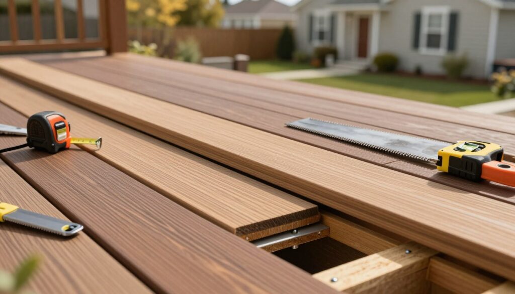 A detailed illustration of composite deck board installation, showing an overhead view of a partially completed deck. In the foreground, focus on the precision placement of interlocking deck boards, showcasing various colors and textures typical of quality composite options. Adjacent, tools like a measuring tape, saw, and level hint at the installation process. The middle section features a close-up of deck fasteners, demonstrating their secure attachment to a wooden substructure. In the background, a residential backyard setting is visible, bathed in warm, natural light, creating a welcoming atmosphere. Use a soft focus on the background to emphasize the installation details in the foreground, capturing a professional, informative mood. The angle should be slightly tilted to provide depth. A detailed illustration of composite deck board installation, showing an overhead view of a partially completed deck. In the foreground, focus on the precision placement of interlocking deck boards, showcasing various colors and textures typical of quality composite options. Adjacent, tools like a measuring tape, saw, and level hint at the installation process. The middle section features a close-up of deck fasteners, demonstrating their secure attachment to a wooden substructure. In the background, a residential backyard setting is visible, bathed in warm, natural light, creating a welcoming atmosphere. Use a soft focus on the background to emphasize the installation details in the foreground, capturing a professional, informative mood. The angle should be slightly tilted to provide depth.