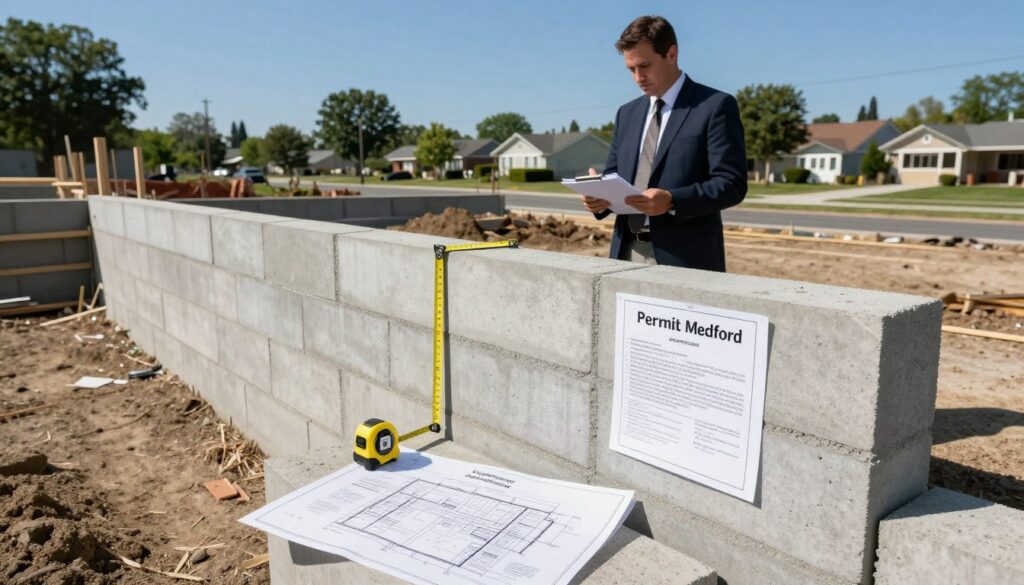 A detailed illustration showcasing the permit requirements for a concrete retaining wall in Medford. In the foreground, a construction site with a partially constructed wall made of concrete blocks, featuring a measuring tape and a set of building plans spread out nearby. In the middle ground, a city official in professional attire inspects the wall, holding a clipboard and reviewing regulations. The background includes a clear blue sky and a suburban neighborhood with trees and houses. Natural sunlight creates a bright, informative atmosphere, emphasizing compliance and safety. Capture this scene from a slightly elevated angle to offer a comprehensive view, highlighting the wall's dimensions in relation to the surrounding landscape. A detailed illustration showcasing the permit requirements for a concrete retaining wall in Medford. In the foreground, a construction site with a partially constructed wall made of concrete blocks, featuring a measuring tape and a set of building plans spread out nearby. In the middle ground, a city official in professional attire inspects the wall, holding a clipboard and reviewing regulations. The background includes a clear blue sky and a suburban neighborhood with trees and houses. Natural sunlight creates a bright, informative atmosphere, emphasizing compliance and safety. Capture this scene from a slightly elevated angle to offer a comprehensive view, highlighting the wall's dimensions in relation to the surrounding landscape.