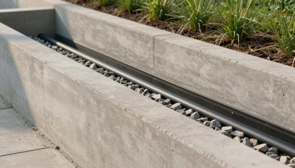 A detailed view of a concrete retaining wall base drainage system, showcasing a robust foundation with gravel and perforated pipes for effective water management. In the foreground, focus on the textured surface of the concrete wall, highlighting its durability. The middle ground features the drainage layer with gravel and drainage pipes, illustrating how water flows away from the wall, ensuring structural integrity. The background includes a landscaped area with grass and small plants, emphasizing the relationship between natural elements and engineered structures. Soft, natural lighting enhances the scene, casting gentle shadows, while a slightly elevated angle provides a comprehensive perspective. Aim for a professional and informative mood, suitable for an educational context. A detailed view of a concrete retaining wall base drainage system, showcasing a robust foundation with gravel and perforated pipes for effective water management. In the foreground, focus on the textured surface of the concrete wall, highlighting its durability. The middle ground features the drainage layer with gravel and drainage pipes, illustrating how water flows away from the wall, ensuring structural integrity. The background includes a landscaped area with grass and small plants, emphasizing the relationship between natural elements and engineered structures. Soft, natural lighting enhances the scene, casting gentle shadows, while a slightly elevated angle provides a comprehensive perspective. Aim for a professional and informative mood, suitable for an educational context.