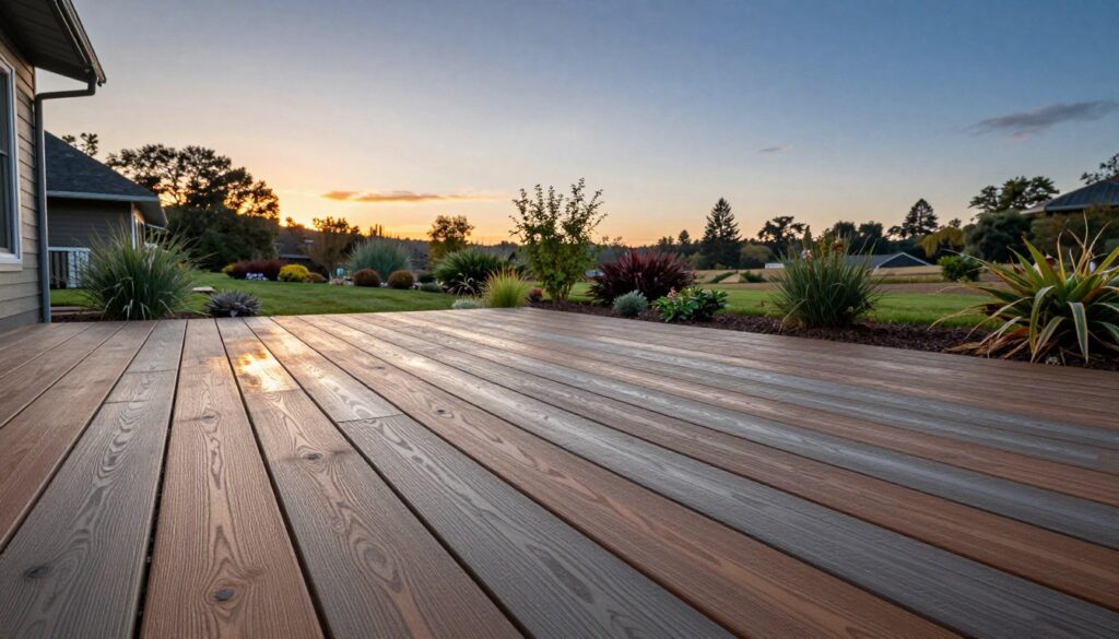 A scenic view showcasing a stylish Medford composite deck board under soft, natural lighting, reflecting the rich textures and colors of durable decking materials designed for the climate. In the foreground, a beautifully maintained deck features a mix of brown and grey hues, with subtle grain patterns that highlight its modern aesthetic. The middle ground displays a lush garden with native plants and shrubs that thrive in Medford's diverse weather, emphasizing adaptability. In the background, a clear sky transitions from warm sunset hues to deep blue evening, encapsulating the seasonal changes of Medford. The atmosphere is serene and inviting, perfect for outdoor gatherings. A slight tilt of the camera adds depth and emphasizes the expansive deck area while maintaining a warm, vibrant feel throughout the image, ideal for illustrating key concepts in composite decking. A scenic view showcasing a stylish Medford composite deck board under soft, natural lighting, reflecting the rich textures and colors of durable decking materials designed for the climate. In the foreground, a beautifully maintained deck features a mix of brown and grey hues, with subtle grain patterns that highlight its modern aesthetic. The middle ground displays a lush garden with native plants and shrubs that thrive in Medford's diverse weather, emphasizing adaptability. In the background, a clear sky transitions from warm sunset hues to deep blue evening, encapsulating the seasonal changes of Medford. The atmosphere is serene and inviting, perfect for outdoor gatherings. A slight tilt of the camera adds depth and emphasizes the expansive deck area while maintaining a warm, vibrant feel throughout the image, ideal for illustrating key concepts in composite decking.