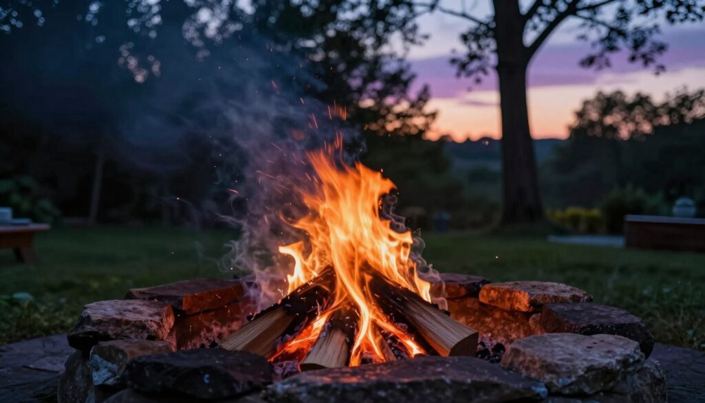 A serene backyard scene featuring a traditional fire pit surrounded by natural stones. In the foreground, wisps of smoke rise gently from the fire, capturing the escaping particles and light reflections. In the middle ground, logs crackle and burn with a warm glow, illuminating the area with soft light, creating a contrast against the surrounding greenery. The background showcases tall trees and a twilight sky softly transitioning from dusk to night. The atmosphere is serene yet rich with the vibrant colors of the fire, shades of orange and red mingling with the gentle blues and purples of the evening sky. The scene should evoke a sense of warmth, nostalgia, and the raw beauty of outdoor gatherings, inviting viewers to reflect on traditional fire usage and its smoke.