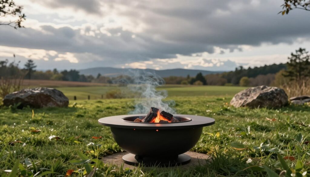 A serene outdoor scene showcasing a Medford smokeless fire pit in action amid typical weather conditions. Foreground features the sleek, modern fire pit with glowing embers creating a gentle warmth. In the middle ground, wisps of smoke are minimal, highlighting the pit's smokeless performance. Surround the area with a lush green lawn and a few scattered rocks, showcasing Medford’s varied terrain. In the background, depict a cloudy sky typical of Medford weather with subtle sunlight peeking through, illuminating the scene and casting gentle shadows, emphasizing the natural beauty and tranquility. The atmosphere should evoke a sense of relaxation and innovation, inviting viewers to appreciate the efficiency of the smokeless design. Use a wide-angle lens to capture the full environment. Avoid any human presence to maintain focus on the fire pit and its performance.