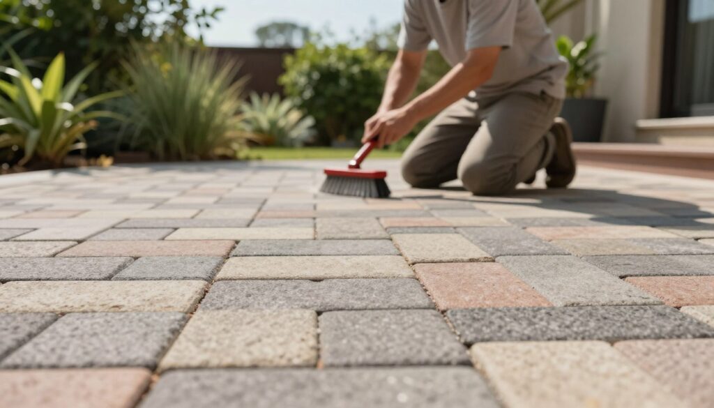 A serene outdoor setting featuring a well-maintained paver patio in the foreground, showcasing the different patterns and colors of the pavers. In the middle ground, a professional-looking individual in modest casual clothing is kneeling while cleaning the patio surface with a brush, highlighting maintenance activities. The background consists of lush green plants and a clear blue sky. Soft, natural sunlight illuminates the scene, casting gentle shadows that enhance the texture of the pavers. The overall mood is calm and inviting, emphasizing the ease of care for paver patios compared to other materials. The lens captures a slightly elevated angle, focusing on the patio and maintenance process.