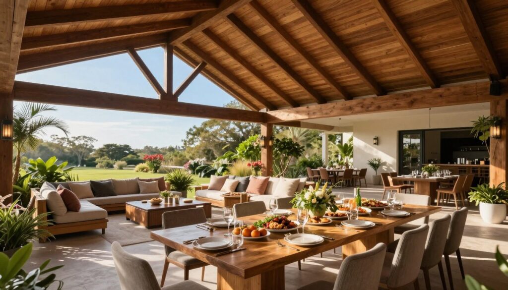 A spacious pavilion designed for large-scale outdoor dining and entertaining, featuring an elegant, open structure with high wooden beams and a slanted roof. The foreground shows a long, stylish dining table set for a feast, adorned with tasteful table settings and lush centerpieces. In the middle ground, comfortable seating areas with plush cushions invite relaxation, surrounded by greenery and flowering plants. The background reveals a clear blue sky and distant trees, enhancing the outdoor atmosphere. Soft, natural lighting adds warmth, casting gentle shadows that create a welcoming mood. The scene is framed from a slightly elevated angle, offering a comprehensive view of this inviting gathering space, perfect for celebrations and family gatherings.