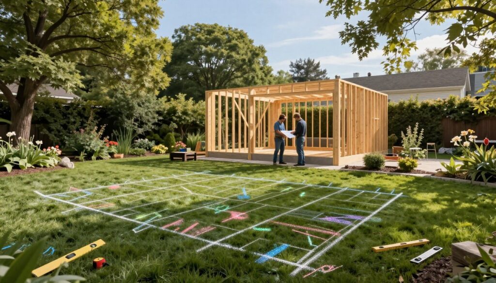 A tranquil Medford backyard scene showcasing the foundation planning and installation for a gazebo. In the foreground, a well-defined layout of the outdoor gazebos' footprint marked with colorful chalk on lush green grass, along with construction tools like a level and measuring tape. In the middle, a partially constructed gazebo frame, made of hardwood, with a team of two professional contractors in modest casual clothing collaborating and discussing plans. The background features a serene garden with blooming flowers and tall trees, under a clear blue sky, with soft sunlight filtering through the leaves, creating a warm, inviting atmosphere. Shot from a slightly elevated angle to capture the planning process and the surroundings effectively.