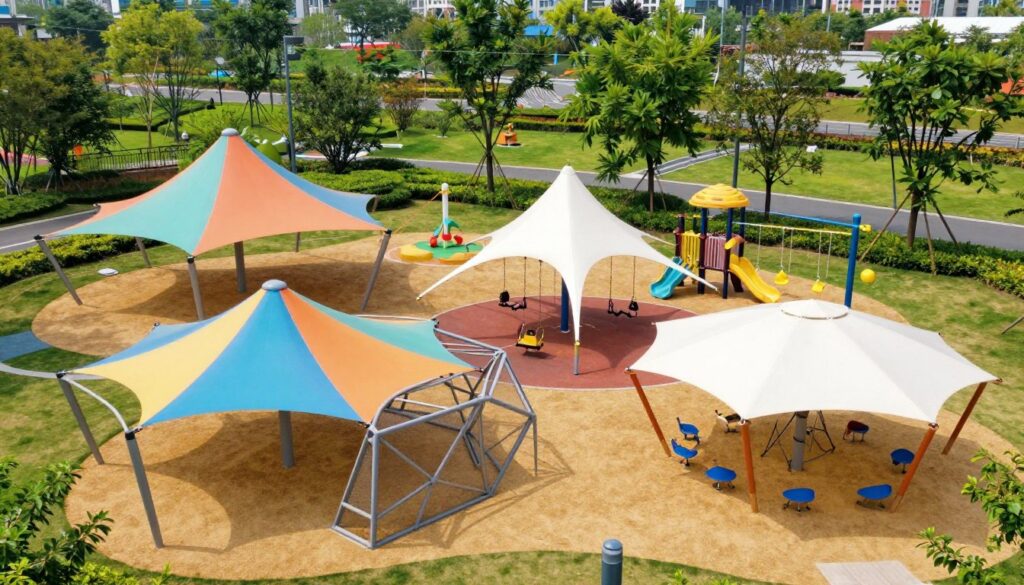 A vibrant, commercial playground showcasing a variety of shade structure options. In the foreground, four distinct shade structures are prominently displayed: a large, colorful fabric canopy with a triangular design, a geometric metal frame with mesh panels, a tensioned sail structure, and a large, round umbrella-style shade. The middle ground features playful, safe playground equipment for children, such as swings and slides, under each shade. In the background, a sunny park landscape with green grass and trees enhances the scene. The lighting is bright and cheerful, highlighting the structures. The angle is slightly elevated, giving a comprehensive overview of the playground setup while conveying a welcoming and fun atmosphere. No human figures are present to ensure a clear focus on the shade structures. A vibrant, commercial playground showcasing a variety of shade structure options. In the foreground, four distinct shade structures are prominently displayed: a large, colorful fabric canopy with a triangular design, a geometric metal frame with mesh panels, a tensioned sail structure, and a large, round umbrella-style shade. The middle ground features playful, safe playground equipment for children, such as swings and slides, under each shade. In the background, a sunny park landscape with green grass and trees enhances the scene. The lighting is bright and cheerful, highlighting the structures. The angle is slightly elevated, giving a comprehensive overview of the playground setup while conveying a welcoming and fun atmosphere. No human figures are present to ensure a clear focus on the shade structures.