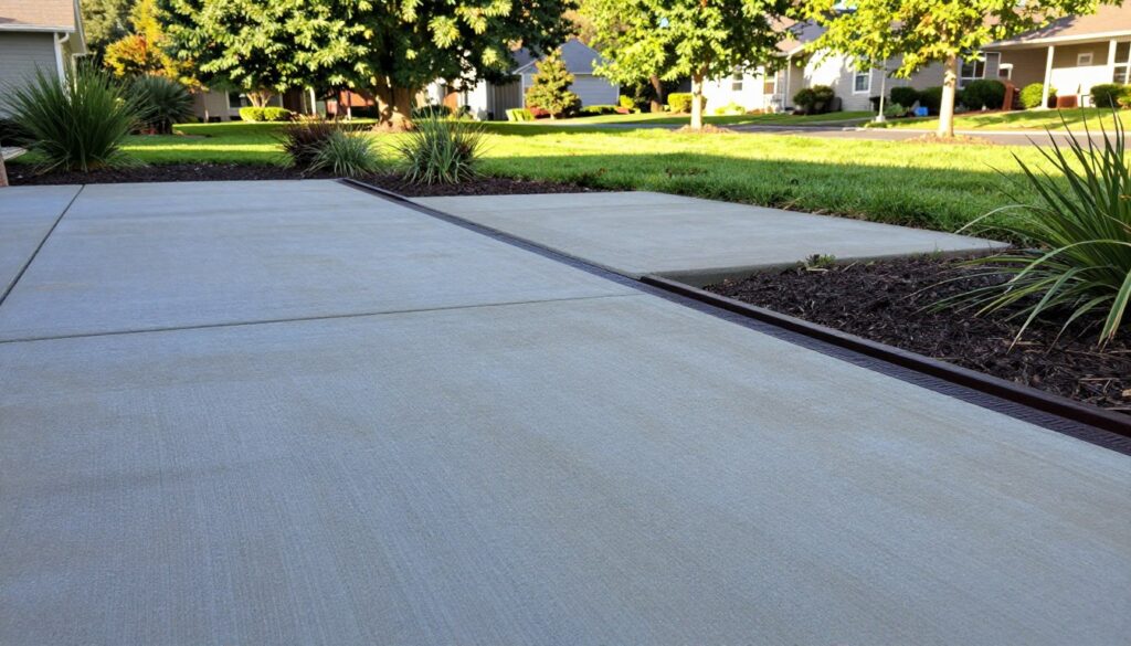 A well-designed concrete patio showcasing proper drainage techniques in Medford, Oregon. In the foreground, highlight a textured concrete surface with subtle color variations, illustrating its durability. The middle ground features strategically placed drainage systems, such as channel drains and permeable soil, emphasizing effective water management. The background should depict a serene suburban landscape with lush greenery, showcasing trees and well-maintained gardens under soft natural lighting typical of a sunny afternoon. The angle captures the patio from a low perspective, inviting the viewer to appreciate the craftsmanship and functional aesthetics. Aim for a calm and informative atmosphere, providing an inviting view of outdoor living potential.