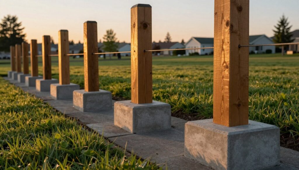 Fence posts and concrete footings in Medford, Oregon, captured in a detailed outdoor scene. In the foreground, sturdy wooden fence posts set in robust concrete footings demonstrate durability, their textures highlighted by the setting sun’s golden light. The middle ground features a well-maintained lawn, showcasing the grass contrasting with the rough concrete. In the background, hints of Medford's suburban landscape, including trees and distant homes, create a sense of place. The angle is slightly elevated, focusing on the fence line, with a soft focus on the sky, which transitions to a warm orange hue of dusk. The mood is serene and reflective, emphasizing the importance of strong installations for longevity in extreme weather. Fence posts and concrete footings in Medford, Oregon, captured in a detailed outdoor scene. In the foreground, sturdy wooden fence posts set in robust concrete footings demonstrate durability, their textures highlighted by the setting sun’s golden light. The middle ground features a well-maintained lawn, showcasing the grass contrasting with the rough concrete. In the background, hints of Medford's suburban landscape, including trees and distant homes, create a sense of place. The angle is slightly elevated, focusing on the fence line, with a soft focus on the sky, which transitions to a warm orange hue of dusk. The mood is serene and reflective, emphasizing the importance of strong installations for longevity in extreme weather.