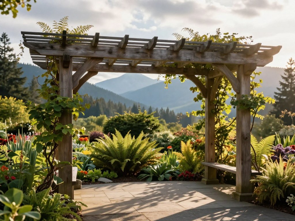 A beautifully constructed Pacific Northwest (PNW) pergola stands prominently in the foreground, showcasing its rustic wooden beams intricately designed to filter sunlight. The pergola is adorned with climbing vines, casting dappled shadows on a stone patio below. In the middle, a lush garden filled with native PNW flora—like ferns and salal—provides a vibrant green backdrop, suggesting a serene outdoor space that balances natural beauty with architectural elegance. In the distance, soft mountains are shrouded in mist under a partly cloudy sky, typical of the region's temperate climate. The lighting is warm and inviting, as late afternoon sun beams gently illuminate the scene, creating a peaceful and tranquil atmosphere, ideal for enjoying shade and respite from the sun.
