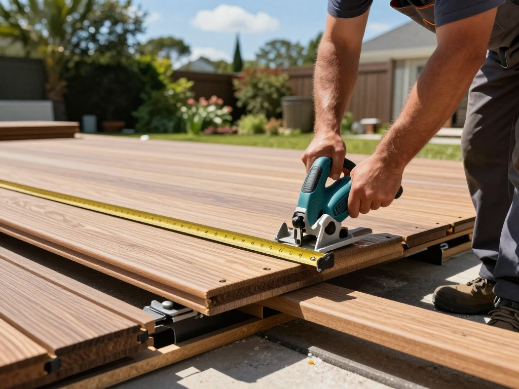 A detailed scene depicting the installation process of composite decking in an outdoor setting. In the foreground, a skilled worker in professional attire carefully measures and cuts composite decking boards with a power saw, showcasing a focus on precision. In the middle ground, partially installed decking is visible, highlighting the layers of support beams and clips. The background features a bright, sunny day with a clear blue sky, surrounded by a lush garden, adding a sense of tranquility. The lighting is bright and natural, enhancing the colors of the composite materials. The atmosphere conveys a sense of craftsmanship and home improvement, inviting viewers to consider the benefits of composite decking installation. A detailed scene depicting the installation process of composite decking in an outdoor setting. In the foreground, a skilled worker in professional attire carefully measures and cuts composite decking boards with a power saw, showcasing a focus on precision. In the middle ground, partially installed decking is visible, highlighting the layers of support beams and clips. The background features a bright, sunny day with a clear blue sky, surrounded by a lush garden, adding a sense of tranquility. The lighting is bright and natural, enhancing the colors of the composite materials. The atmosphere conveys a sense of craftsmanship and home improvement, inviting viewers to consider the benefits of composite decking installation.
