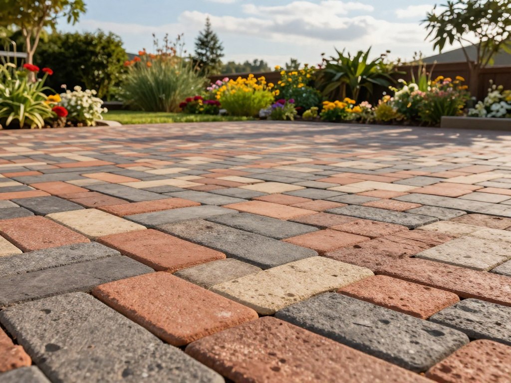 A detailed view of a beautifully designed paver patio, showcasing an intricate pattern of interlocking stones in earthy tones like terracotta, gray, and beige. In the foreground, highlight the texture of the pavers with soft sunlight casting gentle shadows, emphasizing the craftsmanship. The middle ground features a well-maintained garden with vibrant flowers and lush greenery, providing a lively contrast to the patio. In the background, a serene sky with wispy clouds hints at a pleasant day, enhancing the overall mood of tranquility and durability. The scene is captured at a slight angle, as if inviting the viewer to step onto the patio, demonstrating its longevity and aesthetic appeal. The lighting is warm and natural, creating an inviting atmosphere that reflects the value of paver patios.
