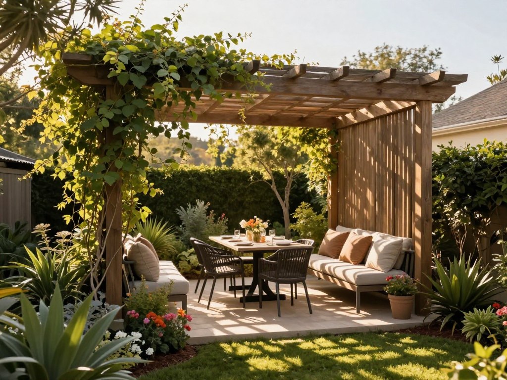 A picturesque backyard featuring an elegant pergola designed for optimal shade solutions. In the foreground, lush green plants and flowering bushes frame the scene, while the main structure showcases a wooden pergola with horizontal slats partially covered by climbing vines. Sunlight filters through the slats, casting intricate shadow patterns on a comfortable seating area beneath, adorned with soft cushions in muted earth tones. In the middle ground, a stylish outdoor dining table is set for a meal, highlighting the inviting ambiance. The background includes a vibrant garden with well-maintained grass and a few tall trees providing additional shade. The lighting is warm and golden, evoking a serene atmosphere during late afternoon, captured with a wide-angle lens to showcase the entire setting in an inviting, tranquil way.