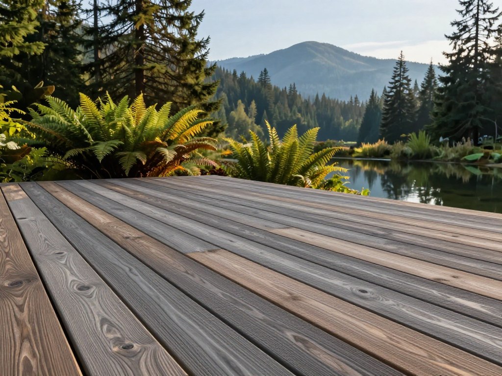 A picturesque outdoor setting showcasing a deck made of PNW composite decking. In the foreground, a richly textured composite deck surface glistens in soft morning light, revealing its multi-toned hues of gray and brown. Mid-ground features native Pacific Northwest flora, including ferns and conifer trees, with a hint of a tranquil water feature reflecting vibrant greenery. The background captures distant, misty mountains under a clear blue sky, emphasizing the local environment. The image should have a warm, inviting atmosphere, conveying the durability and aesthetics of composite decking in a natural setting, shot with a wide-angle lens for a panoramic view. The lighting is soft yet bright, highlighting the deck's resilience amid nature. A picturesque outdoor setting showcasing a deck made of PNW composite decking. In the foreground, a richly textured composite deck surface glistens in soft morning light, revealing its multi-toned hues of gray and brown. Mid-ground features native Pacific Northwest flora, including ferns and conifer trees, with a hint of a tranquil water feature reflecting vibrant greenery. The background captures distant, misty mountains under a clear blue sky, emphasizing the local environment. The image should have a warm, inviting atmosphere, conveying the durability and aesthetics of composite decking in a natural setting, shot with a wide-angle lens for a panoramic view. The lighting is soft yet bright, highlighting the deck's resilience amid nature.