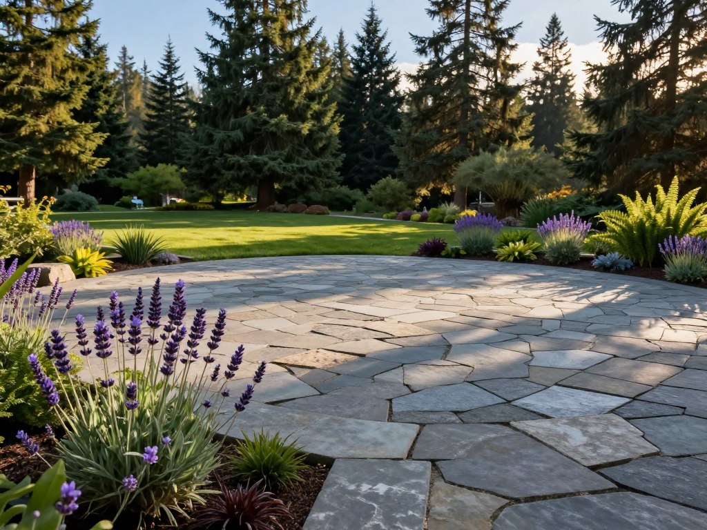 A picturesque paver patio in Oregon, showcasing a stunning array of natural stone pavers arranged in a geometric pattern, creating a visually appealing outdoor space. In the foreground, vibrant ornamental plants, such as lavender and ferns, spill over the edges of the patio, providing a pop of color and texture. In the middle ground, the patio is set against a lush green lawn, with a backdrop of tall evergreen trees and a clear blue sky, reflecting the region's temperate climate. The lighting captures the warm glow of late afternoon sun, casting gentle shadows across the textured surface of the stone. The atmosphere is serene and inviting, perfect for outdoor gatherings. The image is captured from a low angle to emphasize the depth of the patio and its integration with the surrounding landscape.